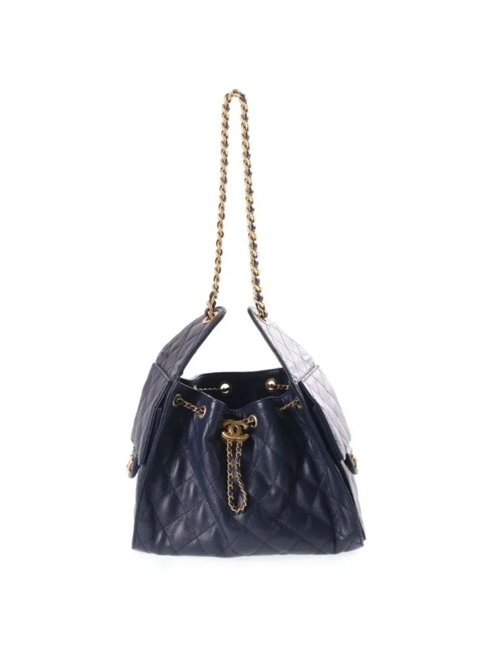 Chanel 25 Chain Bag Navy Caviar Leather Plate Gold